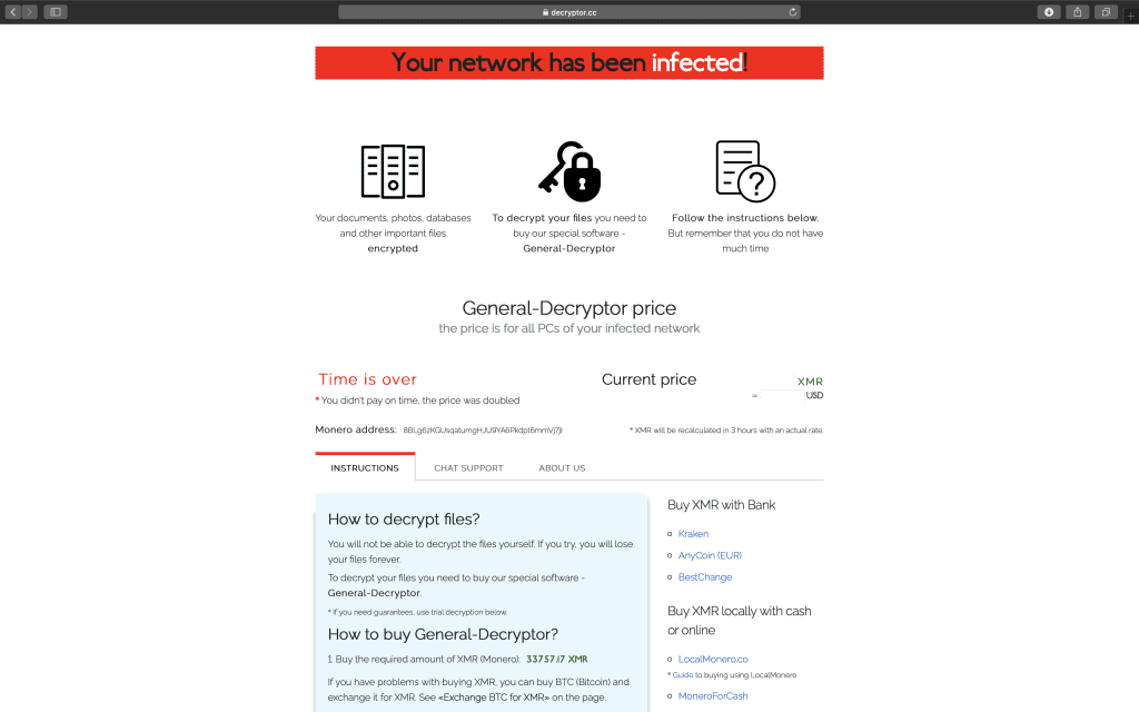 REvil grubu tarafından kullanılan ve kurbanların ne kadar ödeme yapacaklarını belirten sayfa örneği.