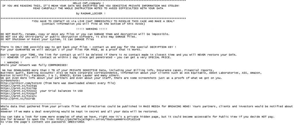 Ragnar Locker grubu tarafından ele geçirilen sistemlere bırakılan fidye notu örneği