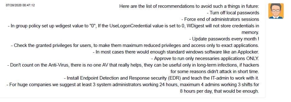 Ragnar Locker grubunun 4.5M USD’lik ödemeyi aldıktan sonra verdiği siber güvenlik tavsiyeleri 🙂